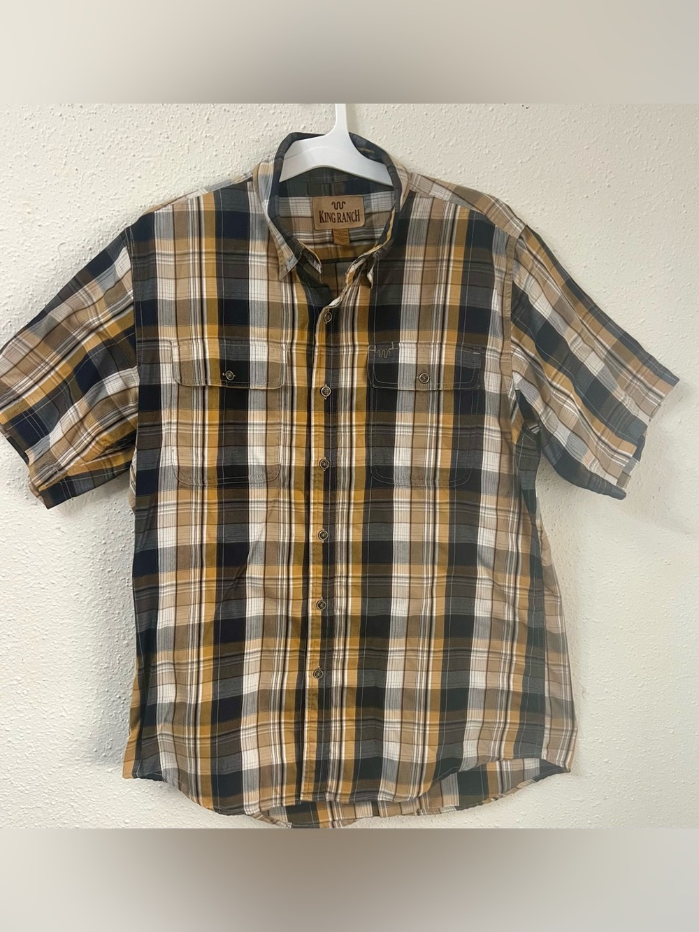 King Ranch Men’s Shirt Large Western Plaid Metal Button Down Short Sleeve Rodeo